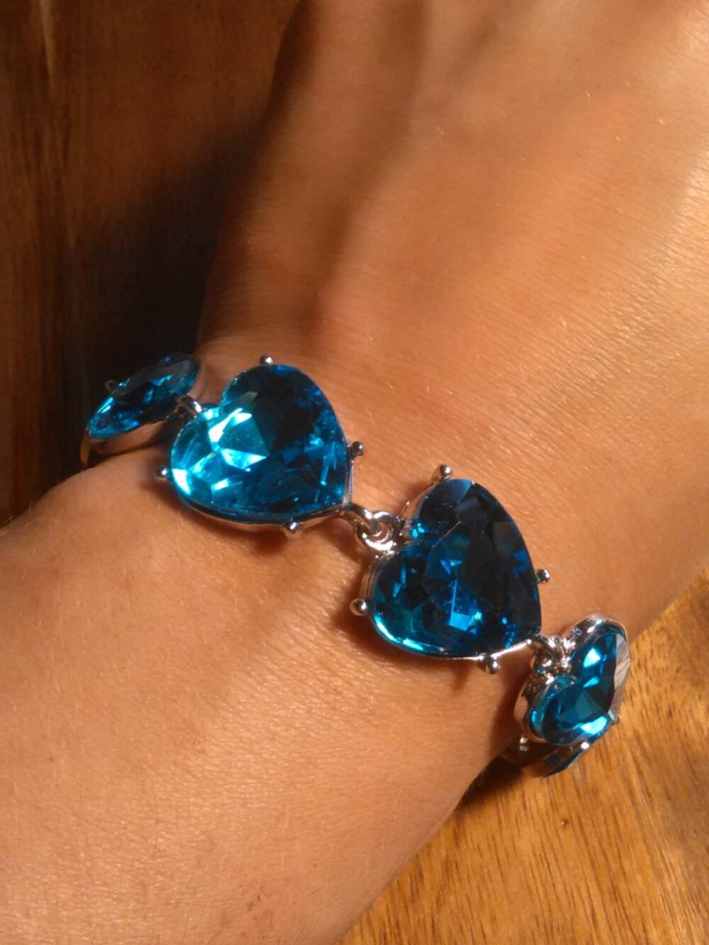 Multi-Faceted Heart Shape Blue Glass Silvertone Bracelet